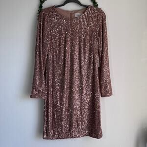 NWT Eliza J Sequin Long Sleeve Champagne Gold Cocktail Dress Size: 8